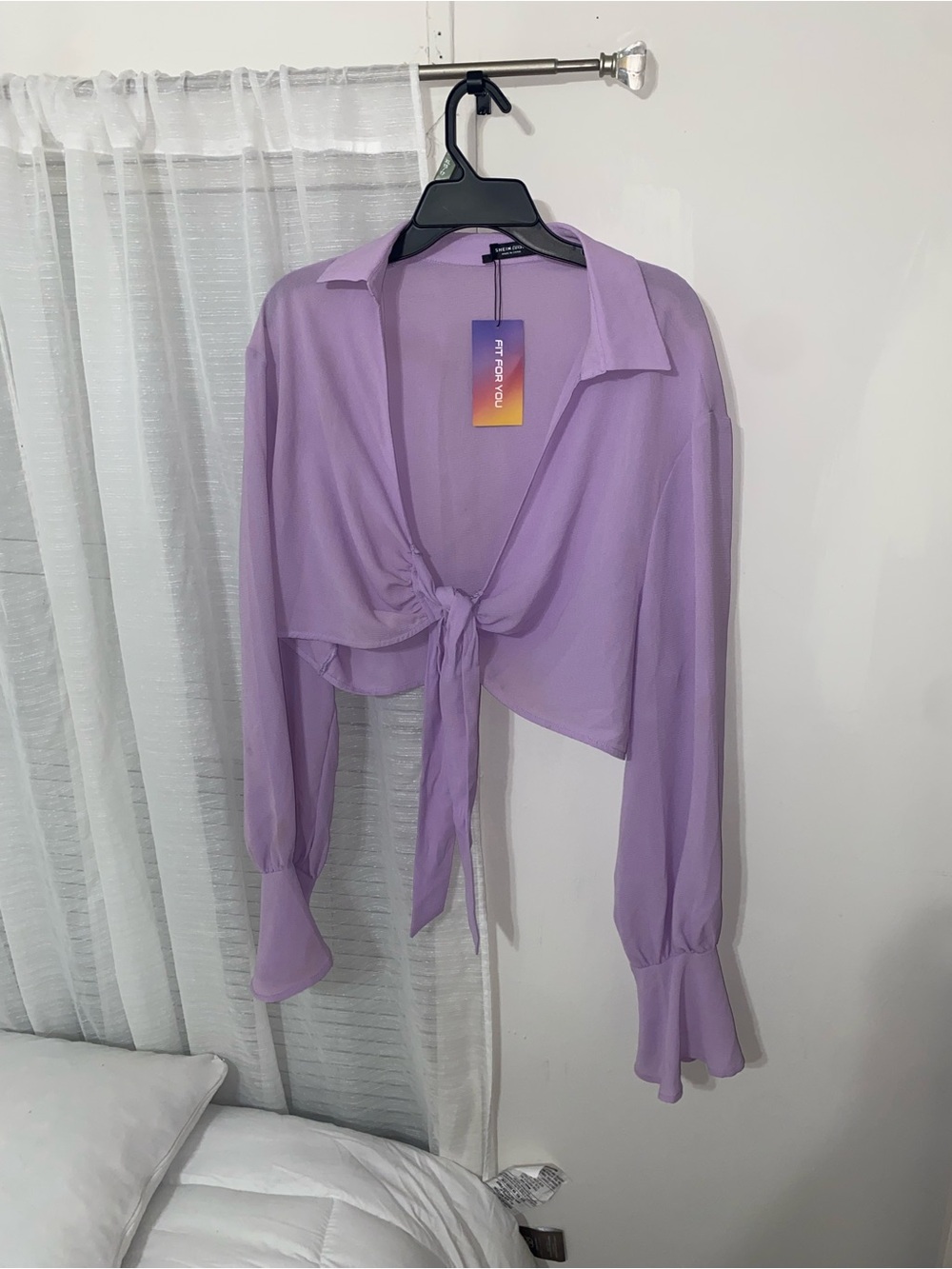 Tie-Front Lilac Crop Blouse with Flared Cuffs - Women's Top